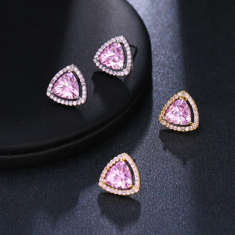 2022 New Fashion Women Classic Shining Silve CZ Stud Earrings for Wome Pink Ears Stud Crystal Valentine\'s Day Gift Jewelry