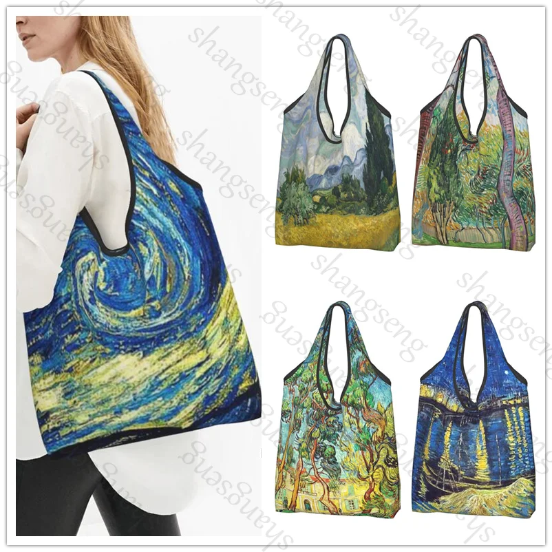 

Fashion shopping shoulder tote bag foldable eco-friendly shopping bag large capacity portable handbag Oil painting art Van Gogh
