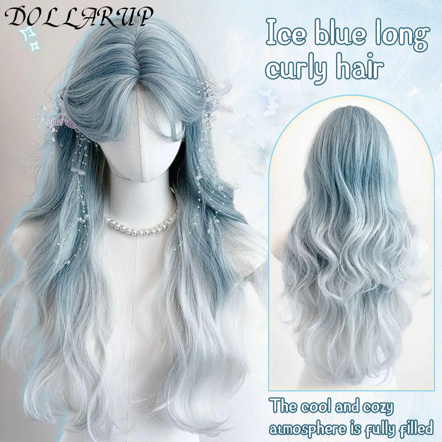 Mint Blue Gradient Curly synthetic Wig Female Lolita Elegant Daily Fresh Fluffy Mint Blue Gradient Eight Bangs Long Curly Wig