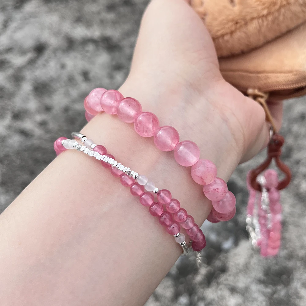 

Pink Persian Jade Beads Bracelet Double Ring Lock 925 Silver Bracelet Sweet Niche Good Luck Size Customization Creative Gift Box