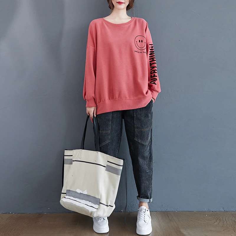 Johnature Pullover tebal wanita, baju hangat longgar Semua cocok musim gugur musim dingin 2024, Sweatshirt motif huruf O-neck, Pullover tebal baru musim gugur musim dingin