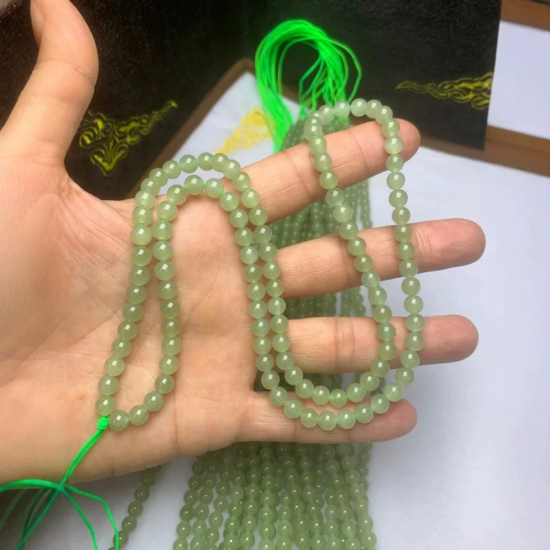 Hetian Jade 6Mm Round Buddhist Prayer Beads Long Chain, Qinghai Material, Light Color, Lake Green, Delicate
