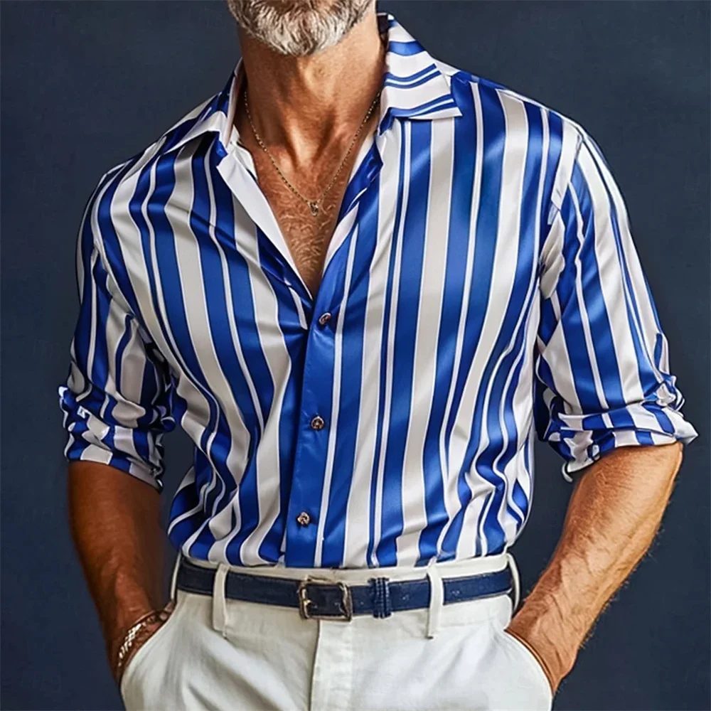 Men's new striped contrasting shirt, long-sleeved lapel, single-breasted spring and autumn business casual classic clothing men'