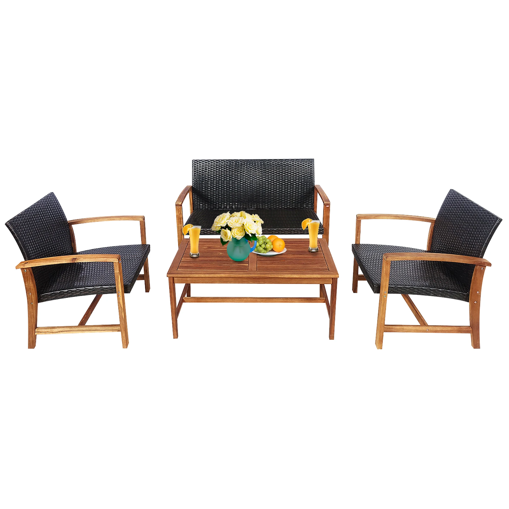 

4PCS Outdoor Patio Rattan Furniture Set Acacia Wood Frame Sofa Loveseat Garden