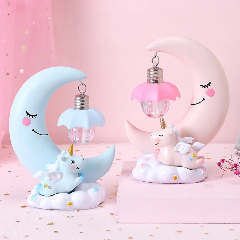 LED Cartoon Moon Night Light, lâmpada de resina, lâmpada para bebê, decoração romântica do quarto, presente infantil, bonito unicórnio