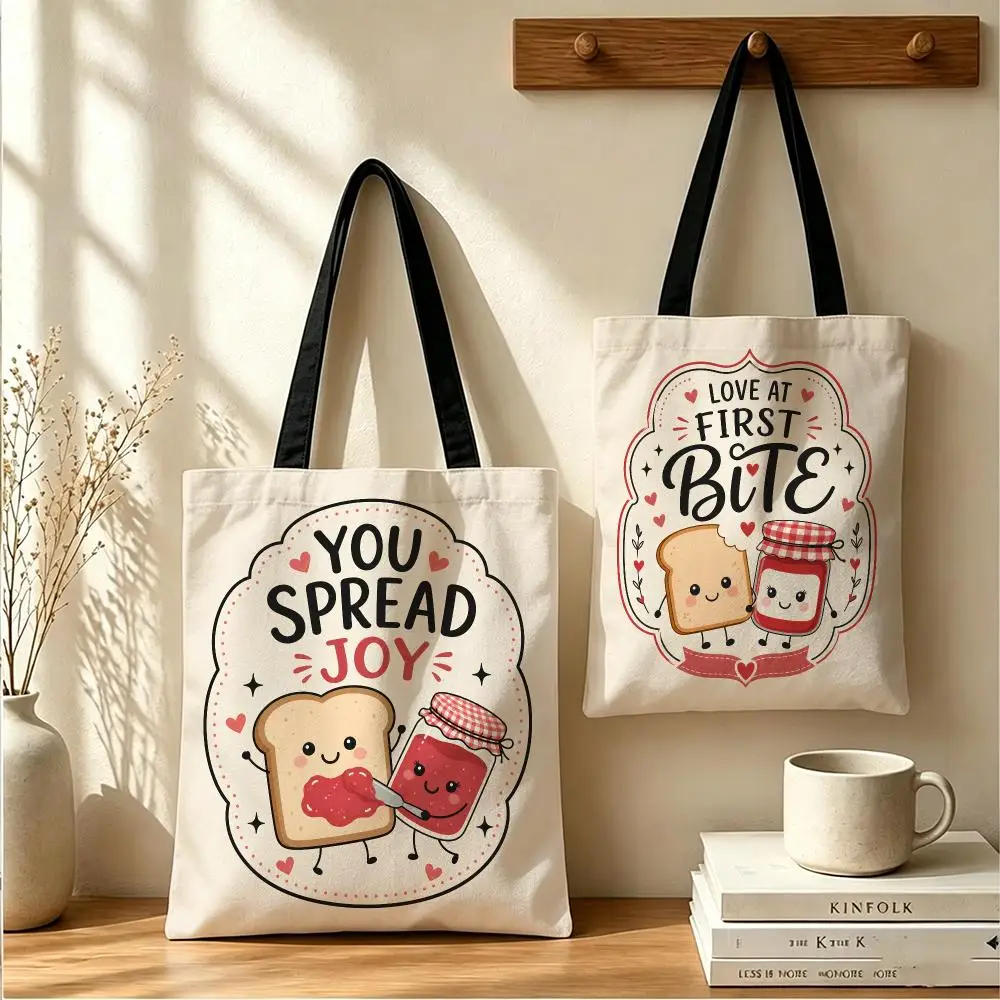 Spread the Jam Love Storage Bags Large Capacity Canvas Tote Bag Reusable Shoulder Handbag for Daily Shopping Travel