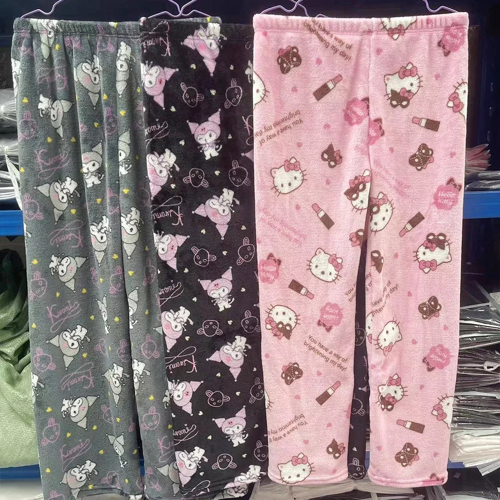 

Плюшевые пижамные штаны Kuromi с героями мультфильмов Y2K Hello Kitty Kawaii Sanrios, новые осенне-зимние мягкие утепленные штаны, милый студенческий подарок для девочек