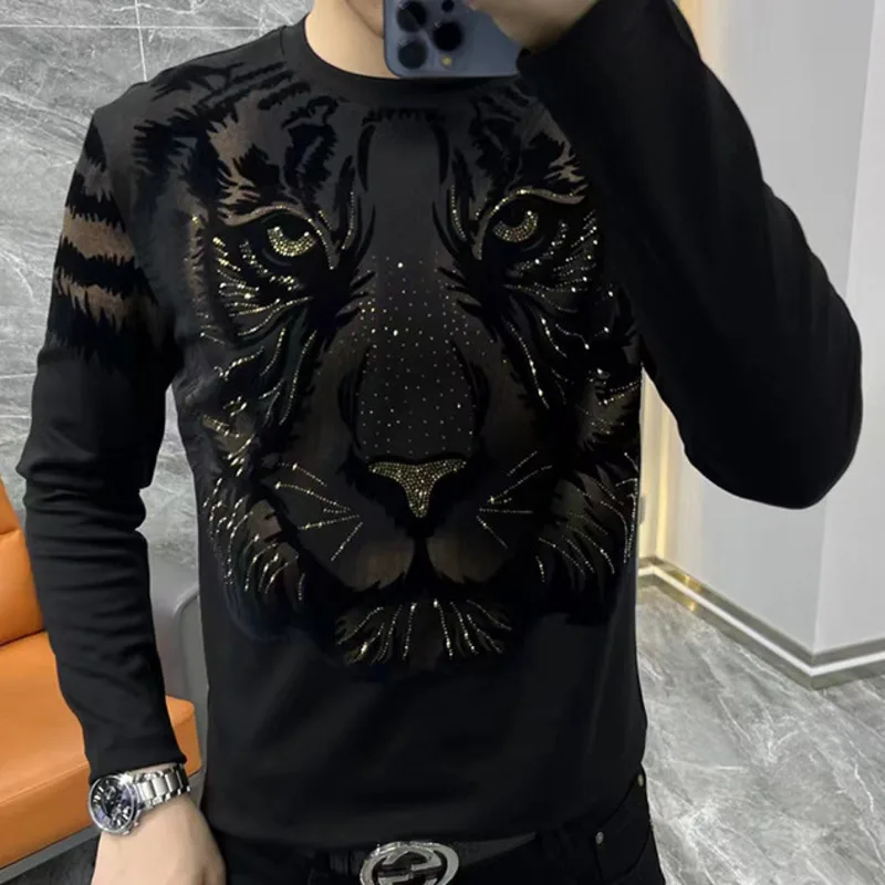 High Quality Fall New Men Long Sleeve Round Neck Underlay T-shirt Personalized Print Hot Diamond Casual Versatile Tiger Head Top