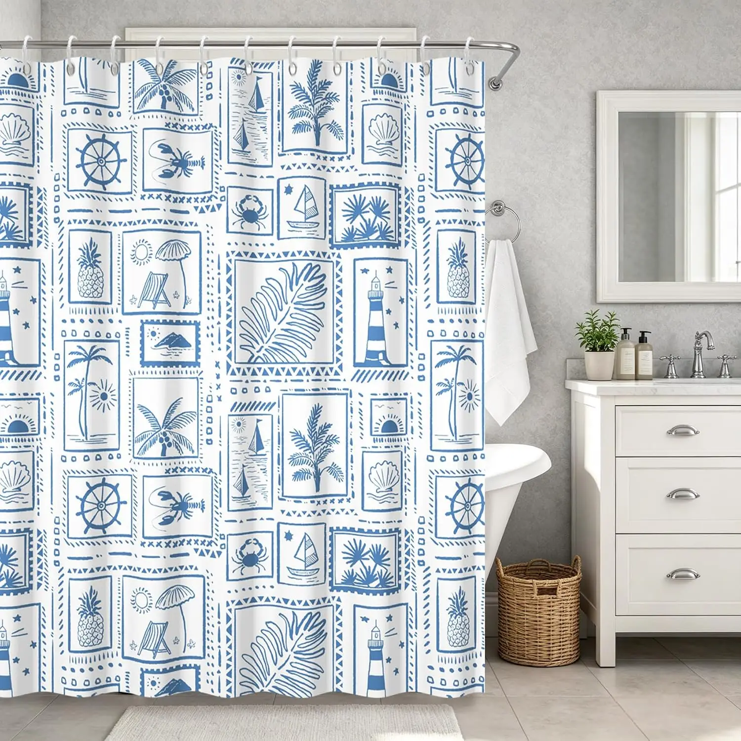 Nautical Stamp Shower Curtain, Blue Coastal Lighthouse Shell Print Waterproof Bath Curtain With Hooks For Ocean‑Style Bathroom