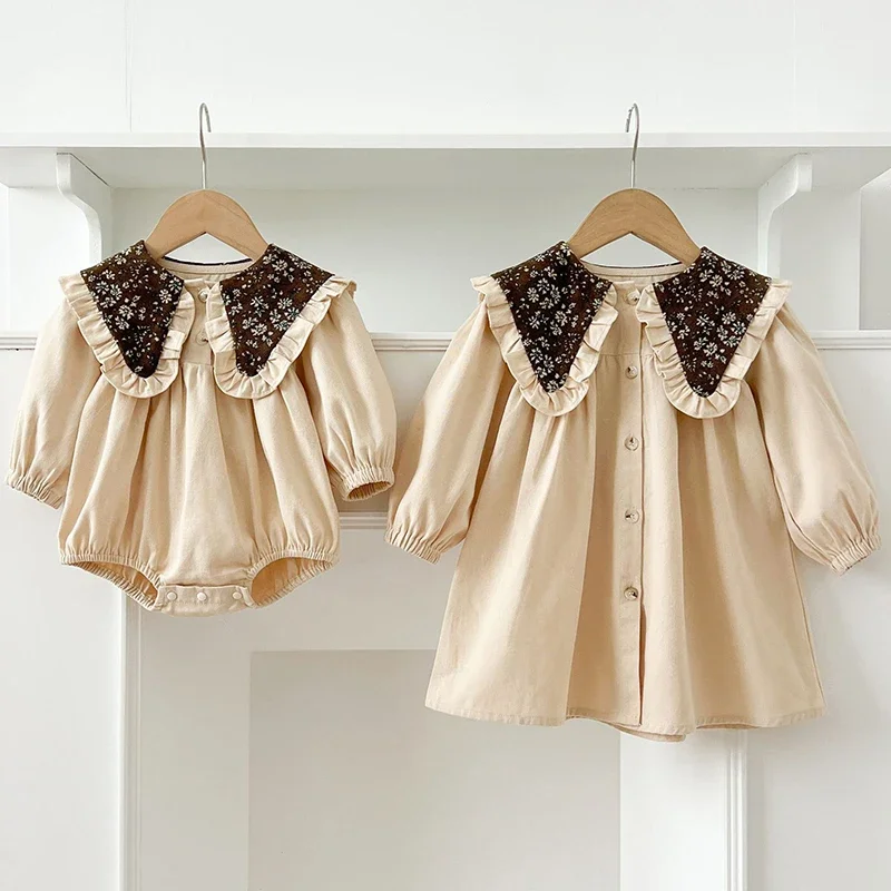 Frühling Baby Mädchen Kleid Große Revers Retro Langarm Kleider Baby Strampler Familie Passenden Schwester Outfit Kleinkind Prinzessin Kleid