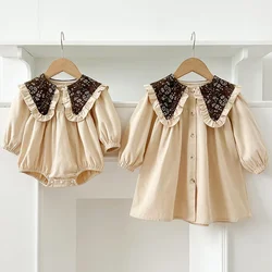 Spring Baby Girls Dress Big Lapel Retro Long Sleeve Dresses Baby Romper Family Matching Sister Outfit Toddler Princess Dress