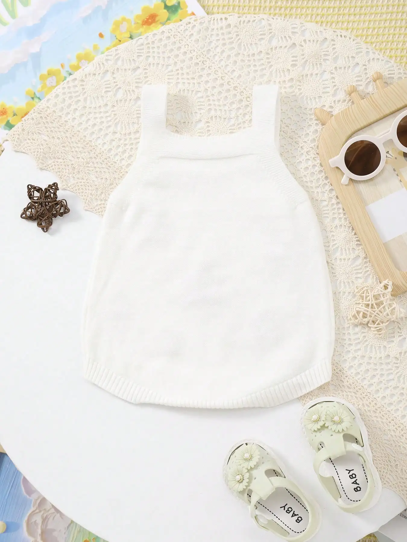 Baby Girl Style Solid Color Star Embroidery Design Knitted Suspender Triangle Romper