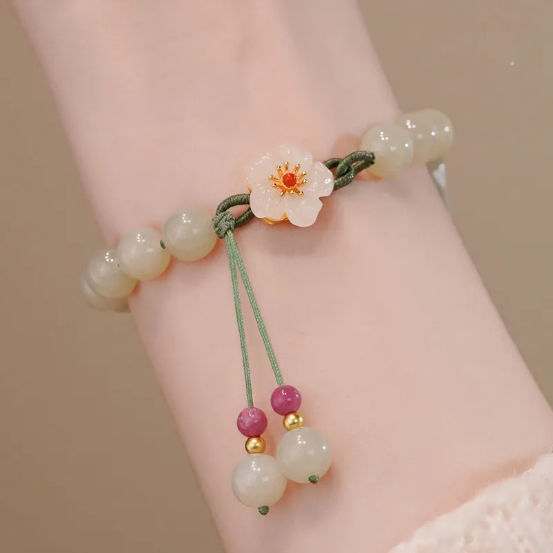 Jade Beads Small Peach Flower Woven Bracelet Female Minority Design Students' Best Friend Gift Beads Bracelet Ins Knitting