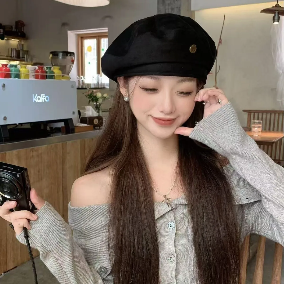 Samt-Baskenmütze für Damen, Koreanische Version, Vielseitige Malermütze, Großer Kopfumfang, Retro-Nischenhut, Frühling-Herbst-Mode