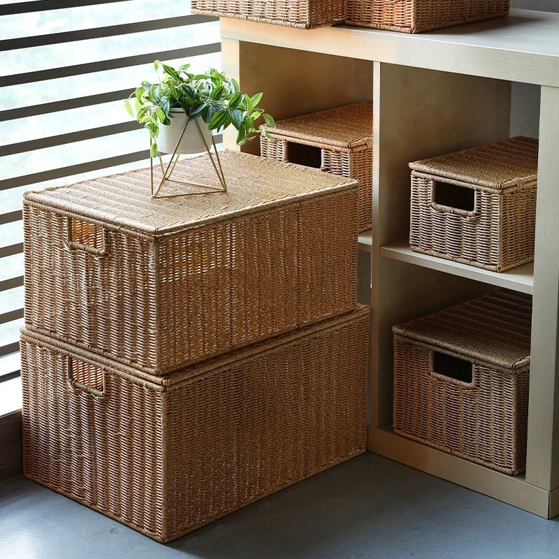 Large Storage Boxes with Cover, Cane Woven Laundry Basket, Breathable Clothes Storage Case, Natural Simple Organizer