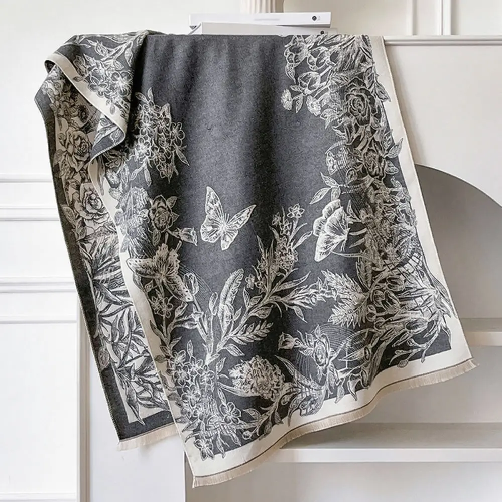 Elegant French Style Shawl Scarf Women Cashmere Wrap Soft Warm Winter Chic Butterfly Pattern Long Accessory