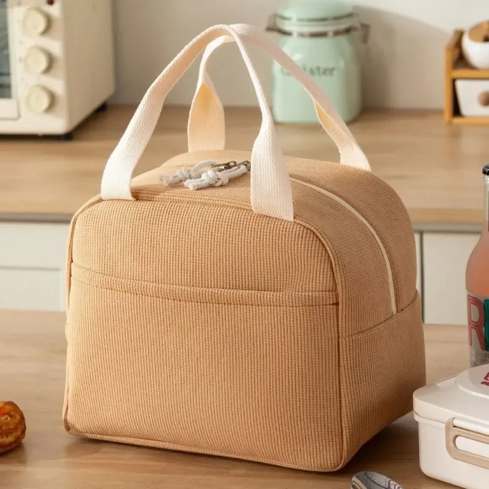 Compact Corduroy Insulated Lunch Bag Hand-Held Large Capacity Lunch Box Storage Bag Minimalist Portable Handbag Picnic