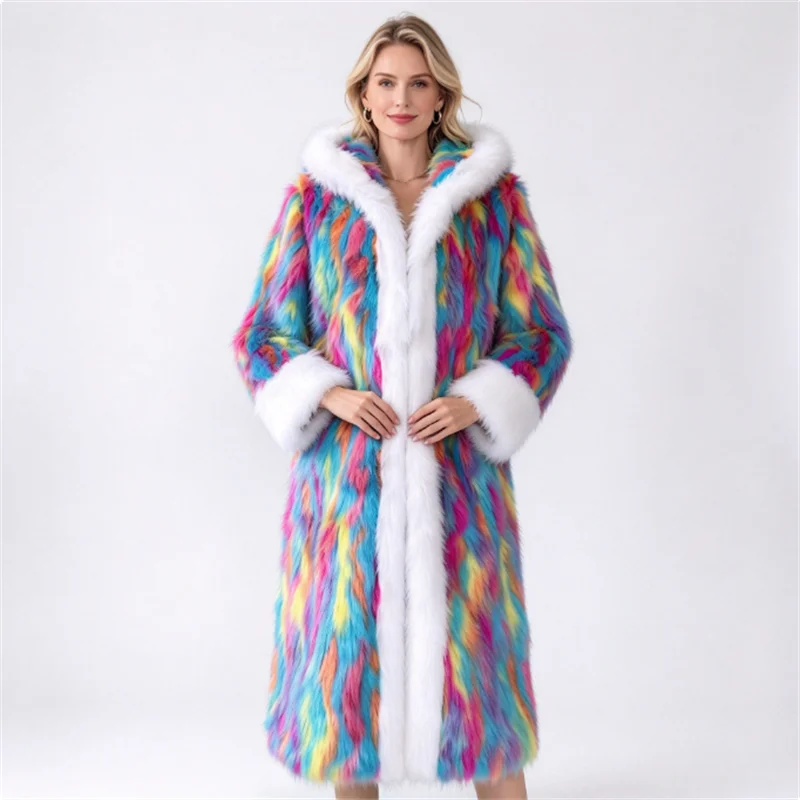 Women Rainbow Multicolor Faux Fur Long Coat Hooded with White Fur Trim Loose Fluffy Warm Party Winter Overcoat