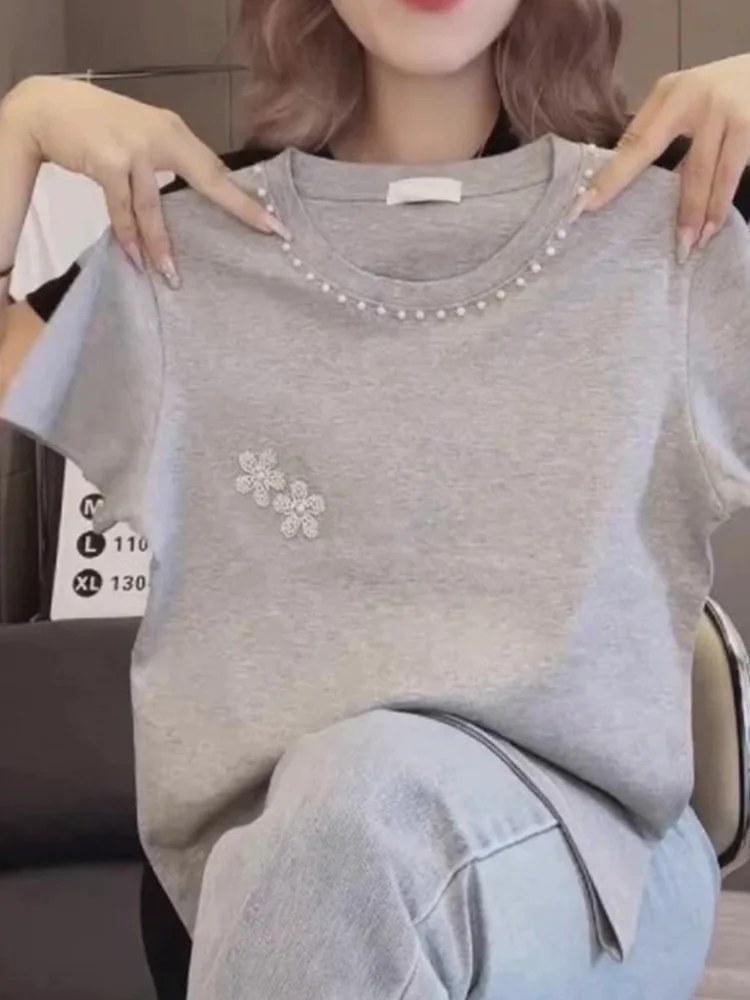 

Summer 2026 New Heavy Diamond Embedded High-End Short Sleeve T-Shirt Women's Loose Commute Versatile Shoulder Level Top