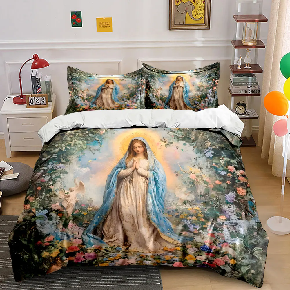 Woman praying in sacred garden Duvet Cover Set with 3D Printing Design Soft Polyester Bedding Set All-Season Comfort