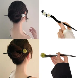 Vintage Chinese Style Wooden Flower Hair Sticks Pearl Hairpin Jewelry for Women Temperament Hair Accessories Wedding Styling Gif