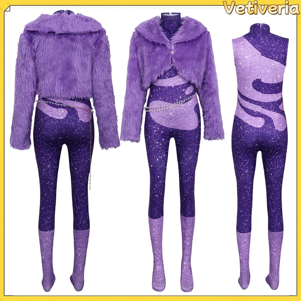 ガゼルコスプレ衣装ボディスーツコートウエストチェーン漫画動物園ファンタジアパープルジャンプスーツベルトハロウィンカーニバルパーティー変装スーツ