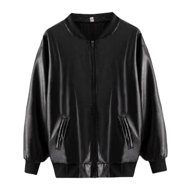 Women Coat Faux Leather Jackets Ribbed Stand Collar Pu Coat Zipper Work Y2k Streetwear Jacket Outerwear Motorcycle Autumn Winter