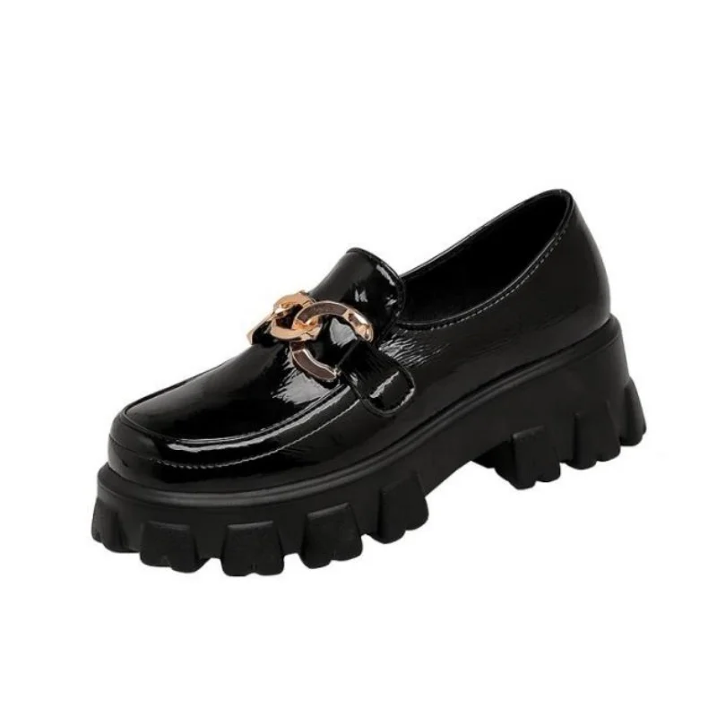 Spring New Slip ons Shallow Shoes Women Metal Chain Buckle Platform Chunky Heels Casual Shoes Loafers 34-43 sapato feminino