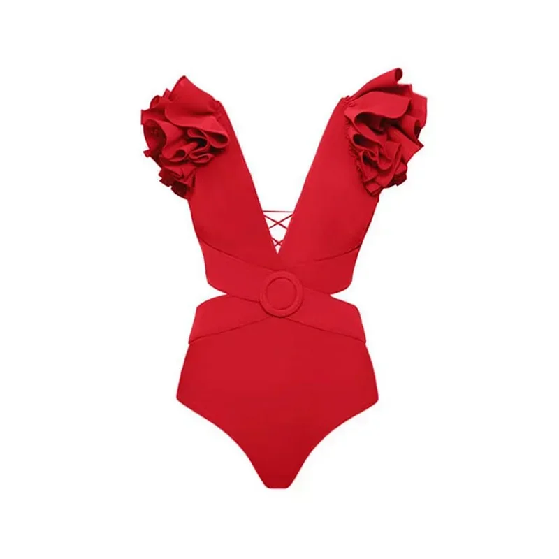 Women Swimsuits One-piece Swimsuit Set with Ruffled Off-Shoulder, Circular Ring Decorations, Paired with a Skirt