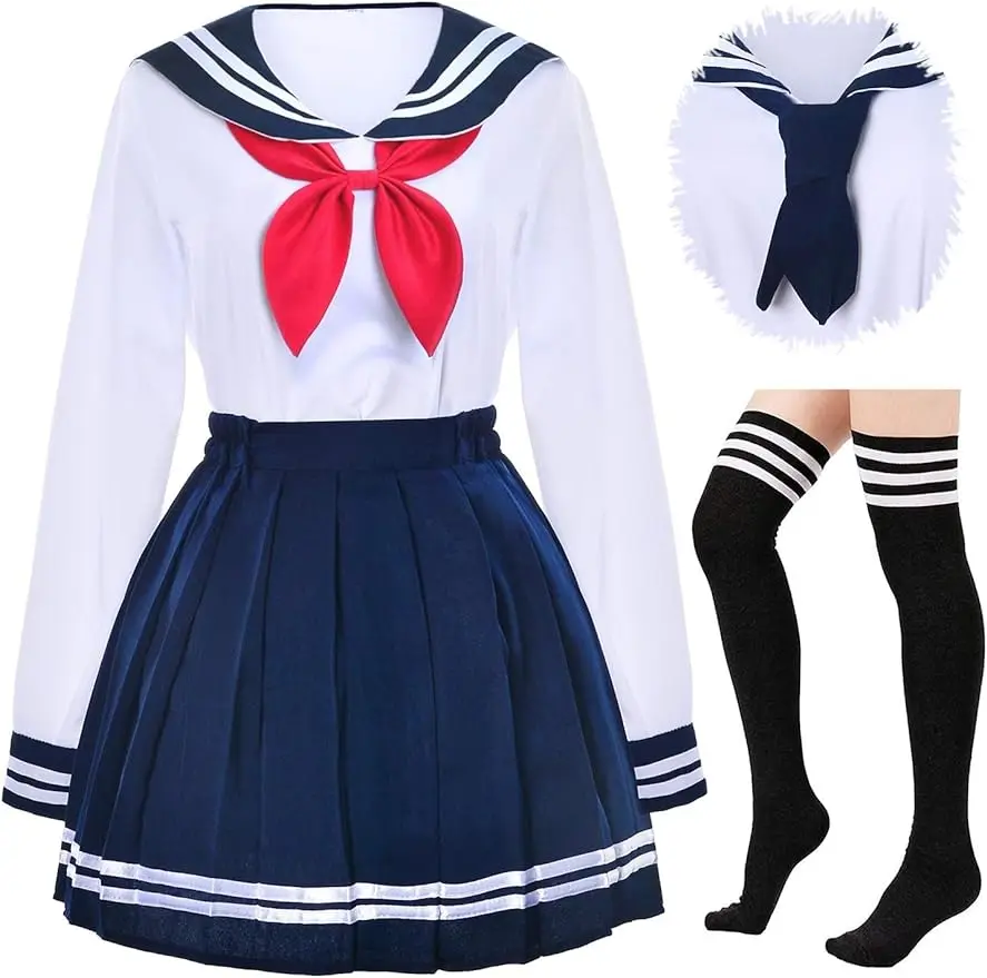 

Elibelle Japanese School Girls Uniform Sailor Navy Blue Pleated Skirt Anime Cosplay Costumes with Socks set