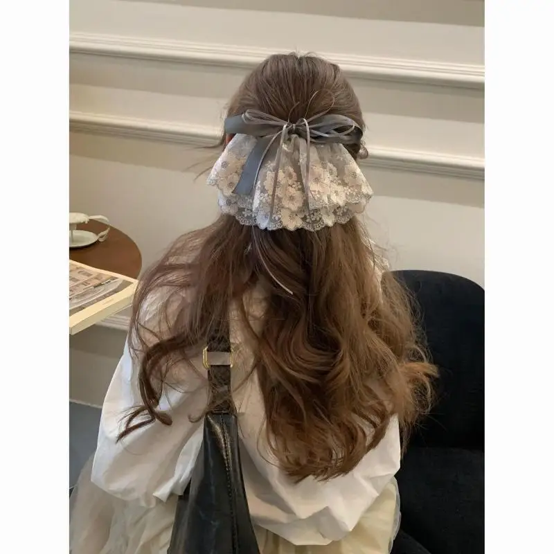 Spitzen-Schleifen-Haarspange für Damen, koreanische Vintage-Blumen-Haarspangen, Halb-Pferdeschwanz-Haarnadeln, süße Haar-Accessoires, Mädchen-Geschenk – Detail 1