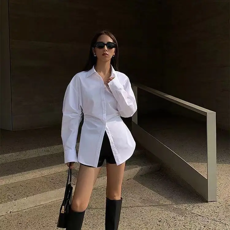 

Cotton Slim Fit Shirt Spring Summer New Women's Waist Cinching Shirt Temperament Office Lady Long Sleeved Shirt
