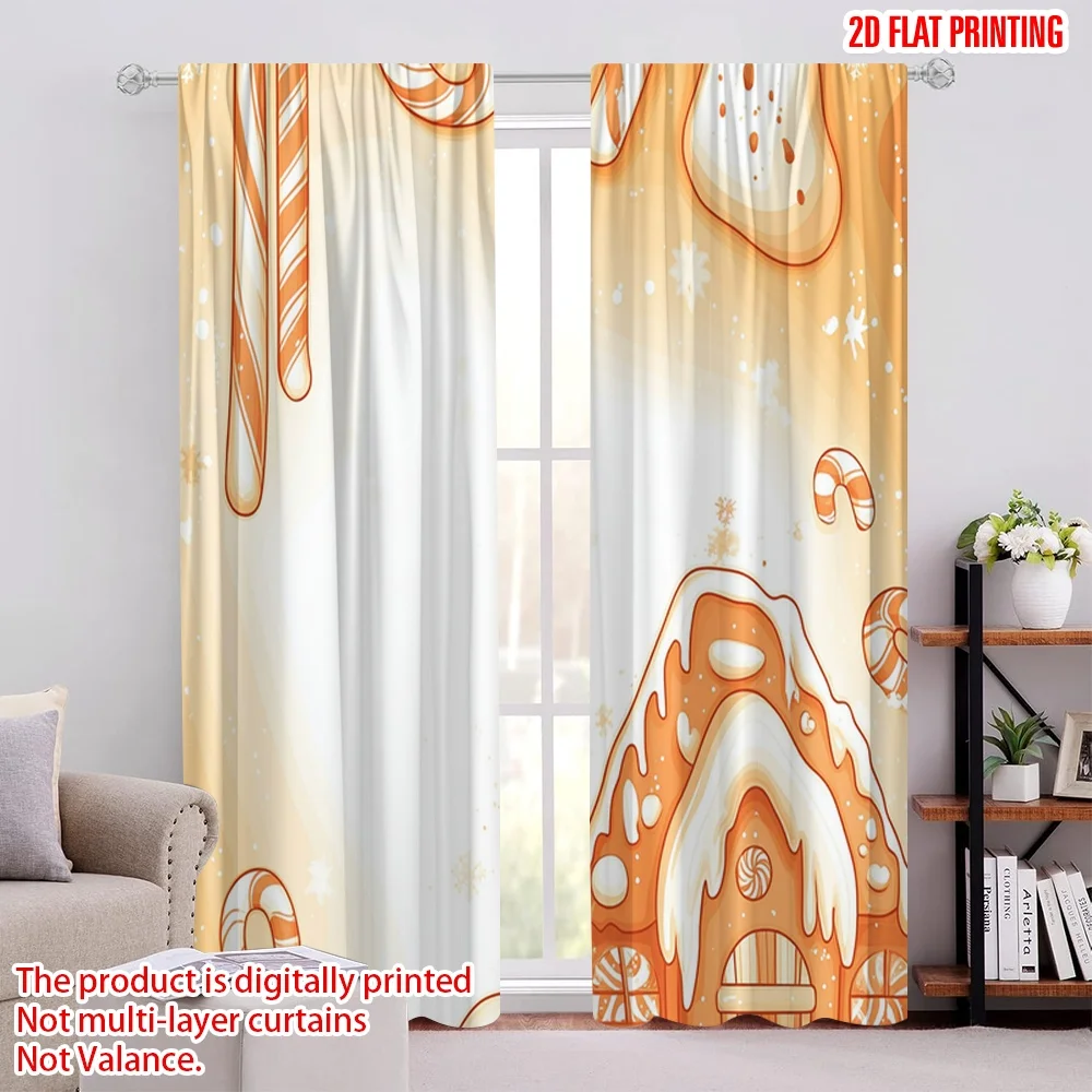 2pcs,2D plane printing Curtain Popular Christmas Candy Gingerbread House (4) Durable Polyester (without rod) Decorations Inside