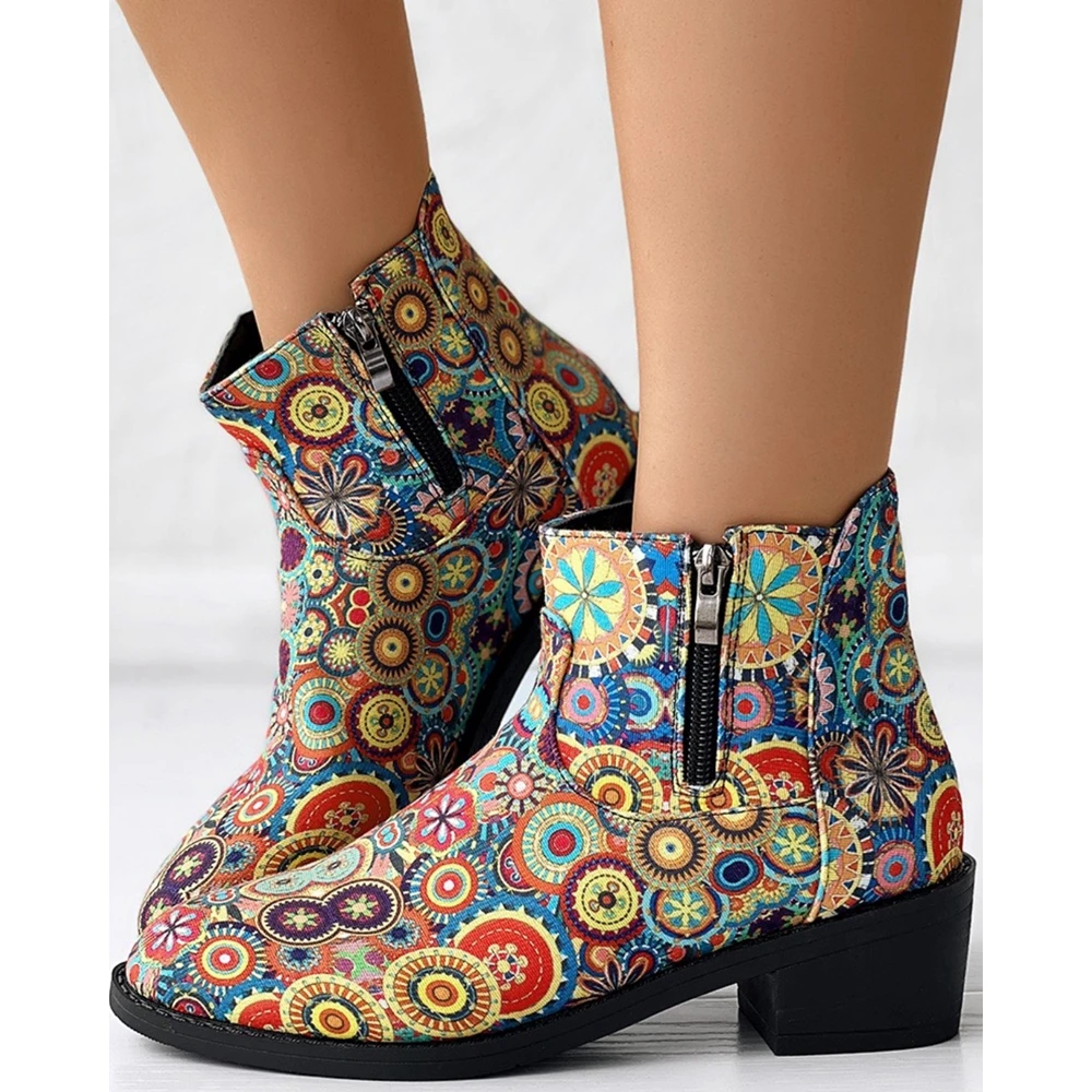 

Autumn Winter Women Vintage Floral Tribal Pattern Zipper Back Turkey Ankle Boots Going Out Zipper Side Boots Fashion Footwear