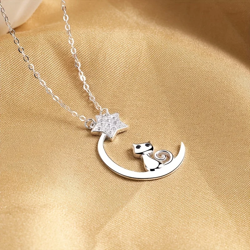 925 Sterling Silver Star Moon Necklace Cute Cat Zircon Pendant Necklace Collarbone Chain