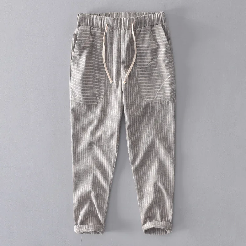 Summer New Brand Casual Pants Quality Men Striped Cotton Linen Breathable Trousers Male Hip Hop Jogger Mens Sweatpants Plus Size