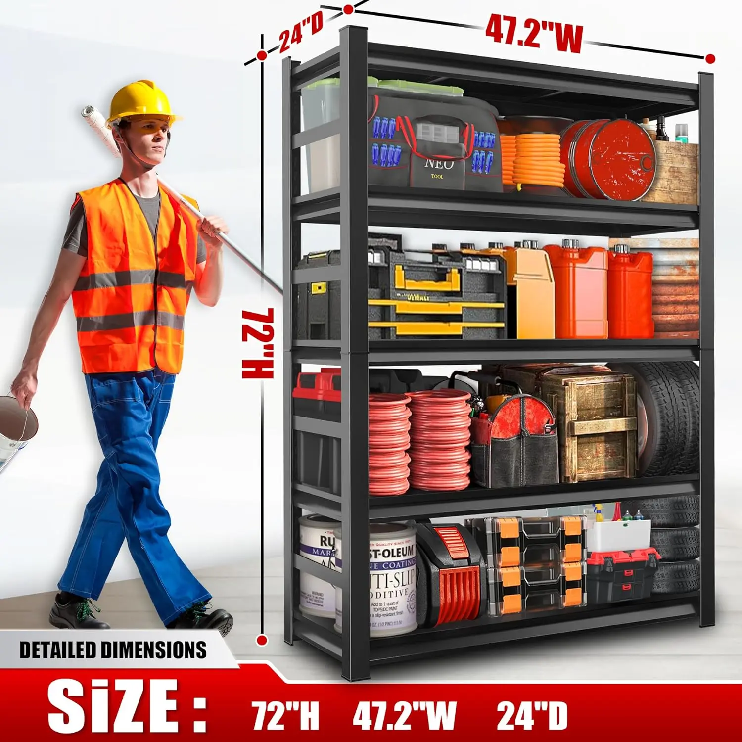 72" H|48" W Garage Shelving Unit and Storage-Easy Assembly Metal Shelves 5-Tier Rack|Heavy-Duty Adjustable Shelf|Steel