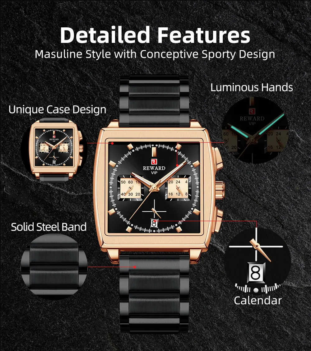 REWARD New Watches Quartz Men Rectangle Wristwatches Male Top Brand Luxury Chronograph Business Watch Relogio Masculino