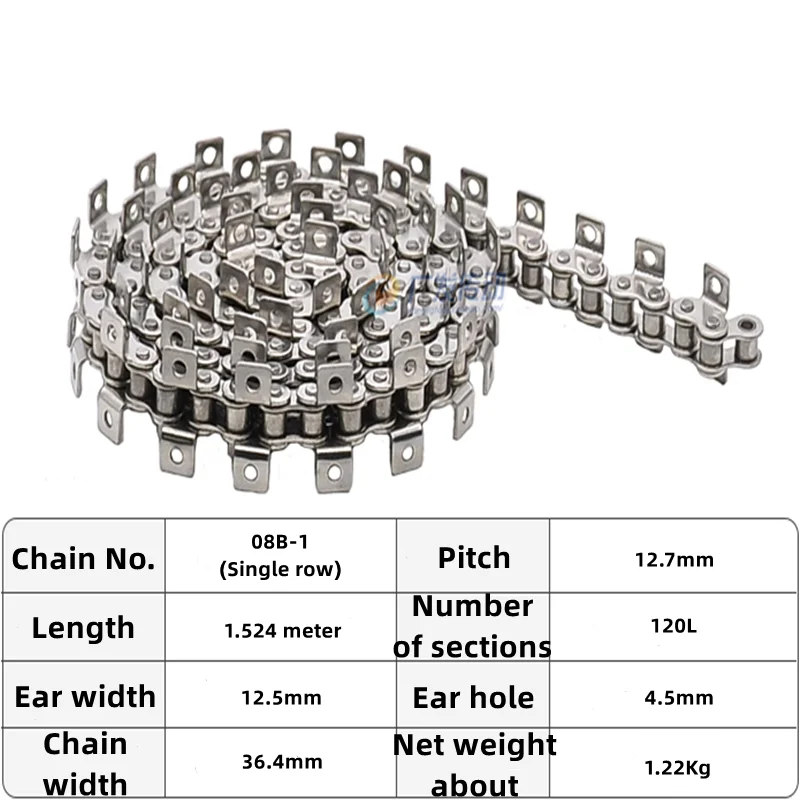 08B 304 Stianless Steel Short Pitch Roller Chain Double Bend Ear Single Hole Industrial Drive Chains Pitch 12.7mm
