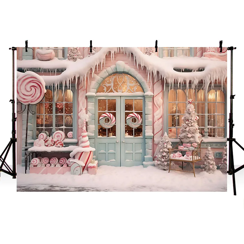 Mehofond Photography Background Winter Christmas Pink Candy Shop Lollipop Window Kid Family Portrait Decor Backdrop Photo Studio