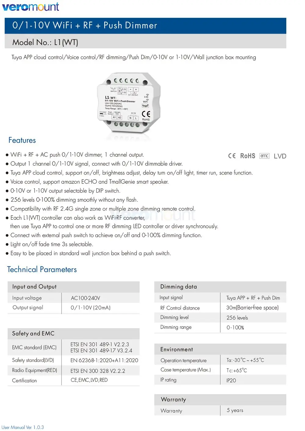 L1(WT) Skydance 0-10V WiFi RF Push Dimmer AC110V 220V 1CH Tuya APP Cloud on/off Controller DIP Switch per striscia LED monocolore