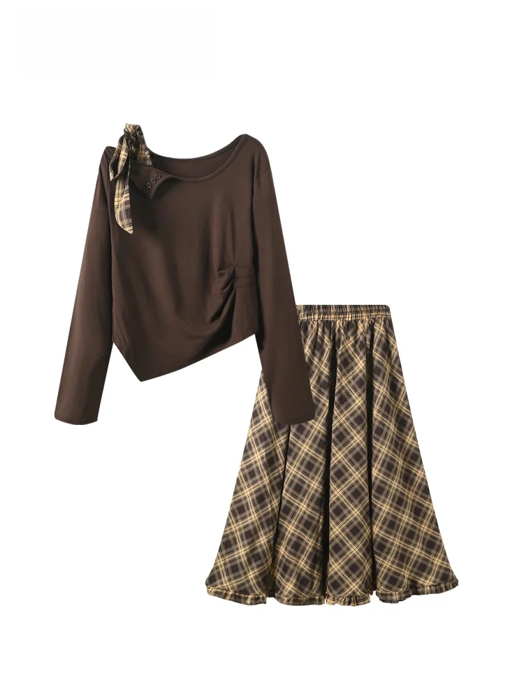 

Женская длинная футболка размера плюс и юбка-миди, комплект осеннего утягивающего ансамбля Faion для полных сестер, круглый топ Ne Top