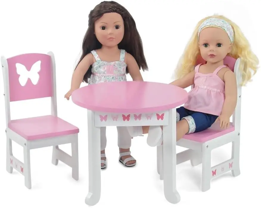 Conjunto de jantar borboleta rosa para bonecas de 18 polegadas - mesa de madeira e 2 cadeiras, compatível com marcas populares