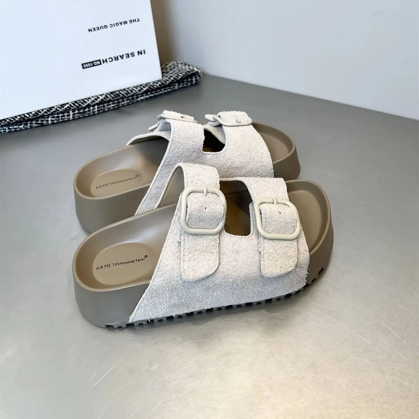 Beach Slippers Women's Genuine Leather Thick Soled Slippers Summer Outside Double Belt Buckle Women Sandals Pantuflas De Mujer view 6