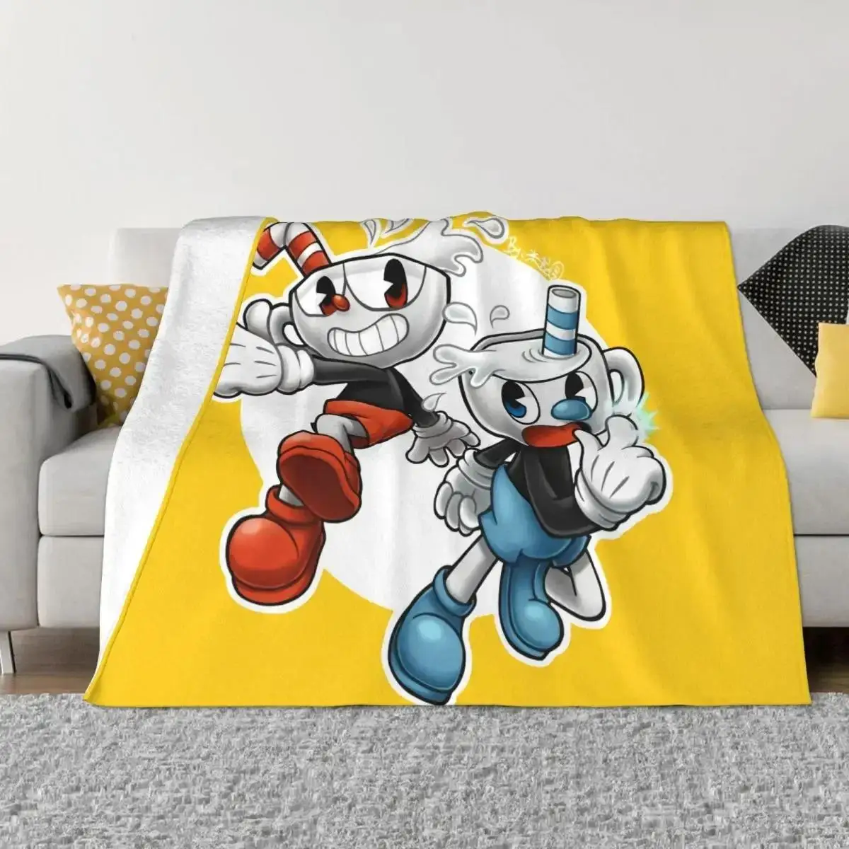

Ультрамягкий флисовый плед с персонажами Cuphead и Mugman, теплый фланелевый плед на тему видеоигр для спальни, дивана, офиса