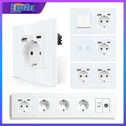 Wall Socket with USB Type C Interruptor and Outlet with TV Internet CAT6 interface EU Standard white Crystal Glass Light Switch