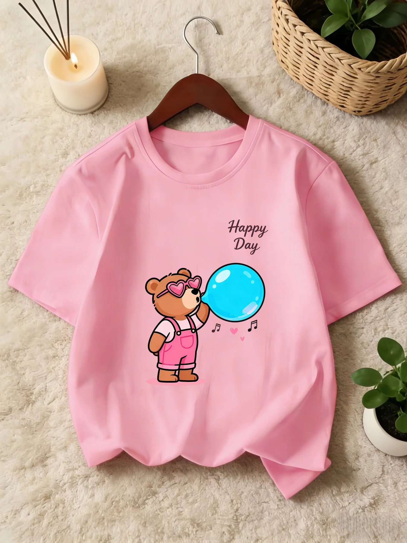 Cartoon Bear Blowing Bubble Happy Day Kids T Shirt Boys Girls Family Matching Parent Child Summer Crew Neck Children Casual Tee