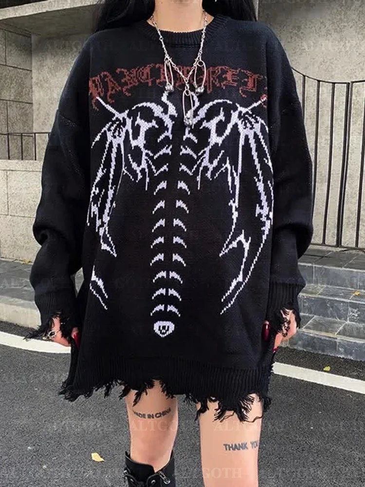 AltGoth Harajuku Cyber Y2k gotycki sweter damski Streetwear Grunge Emo Alt szkielet luźne z dzianiny w stylu Casual swetry z długim rękawem