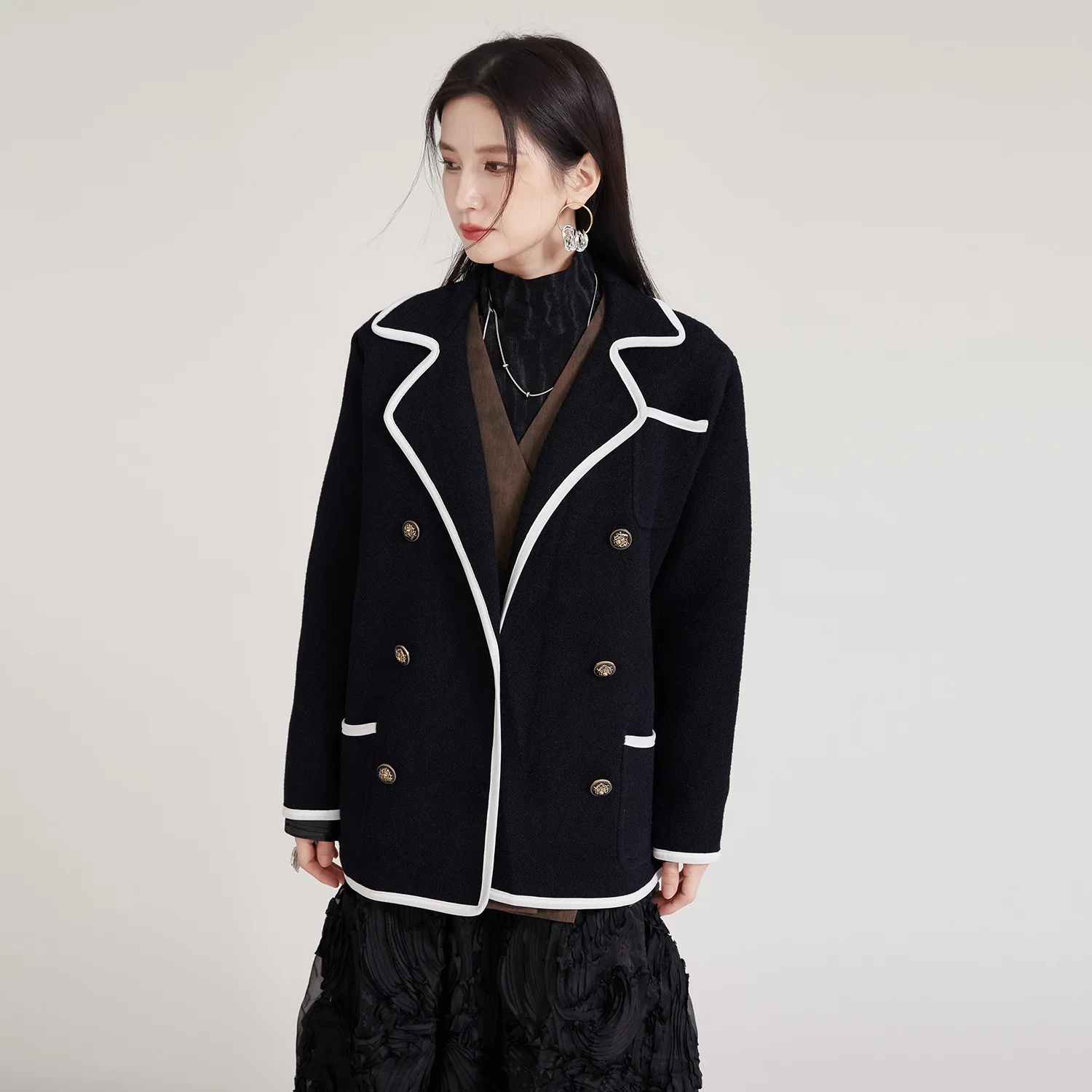 

Women's Black Double-Sided Winter Suit Coat Double-Breasted H-Type Minimalist Color-Blocked Outerwear for Winter