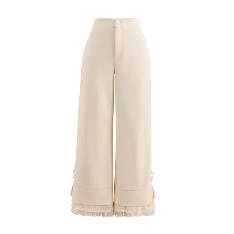 Korean Design Gentle Wind Drooping High Waist Straight Women's Casual Pants 2025 Winter New Lace Woolen Wide-leg Trousers Ladies